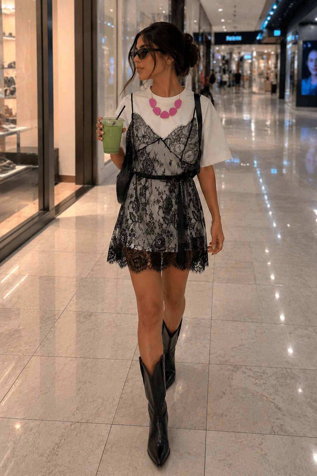 MATCHA TSHIRT DRESS WHIT LACE AND TIE