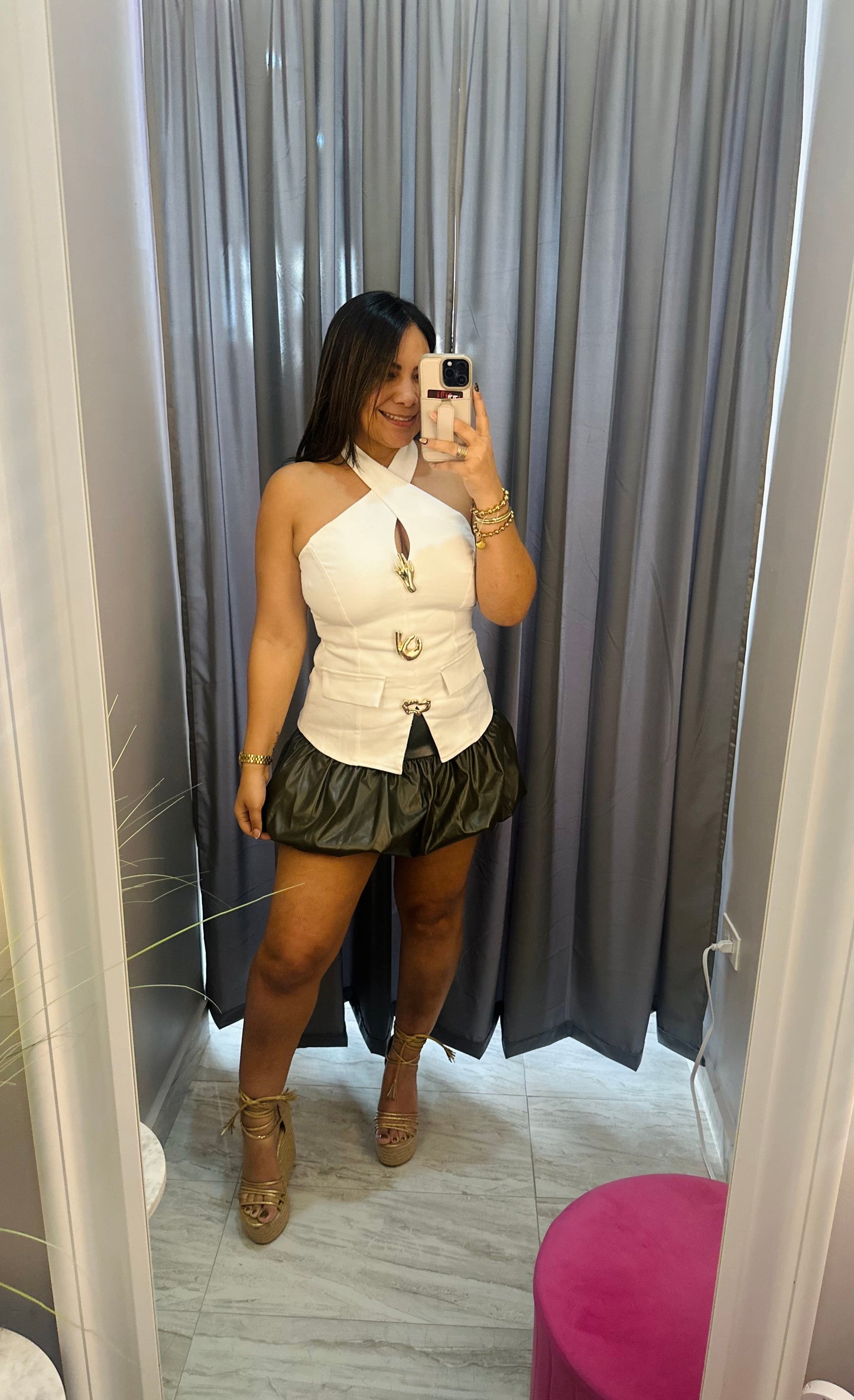 OLIVE LEATHER BUBBLE SKORT