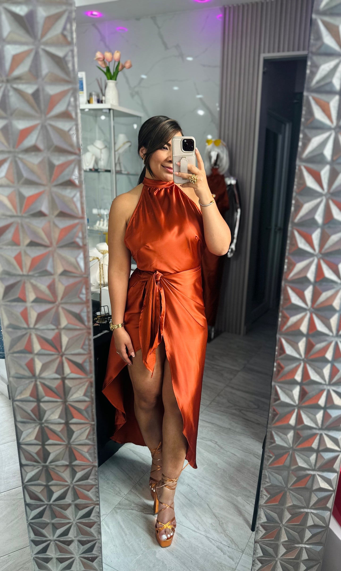 WRAPAROUND BRONCE DRESS