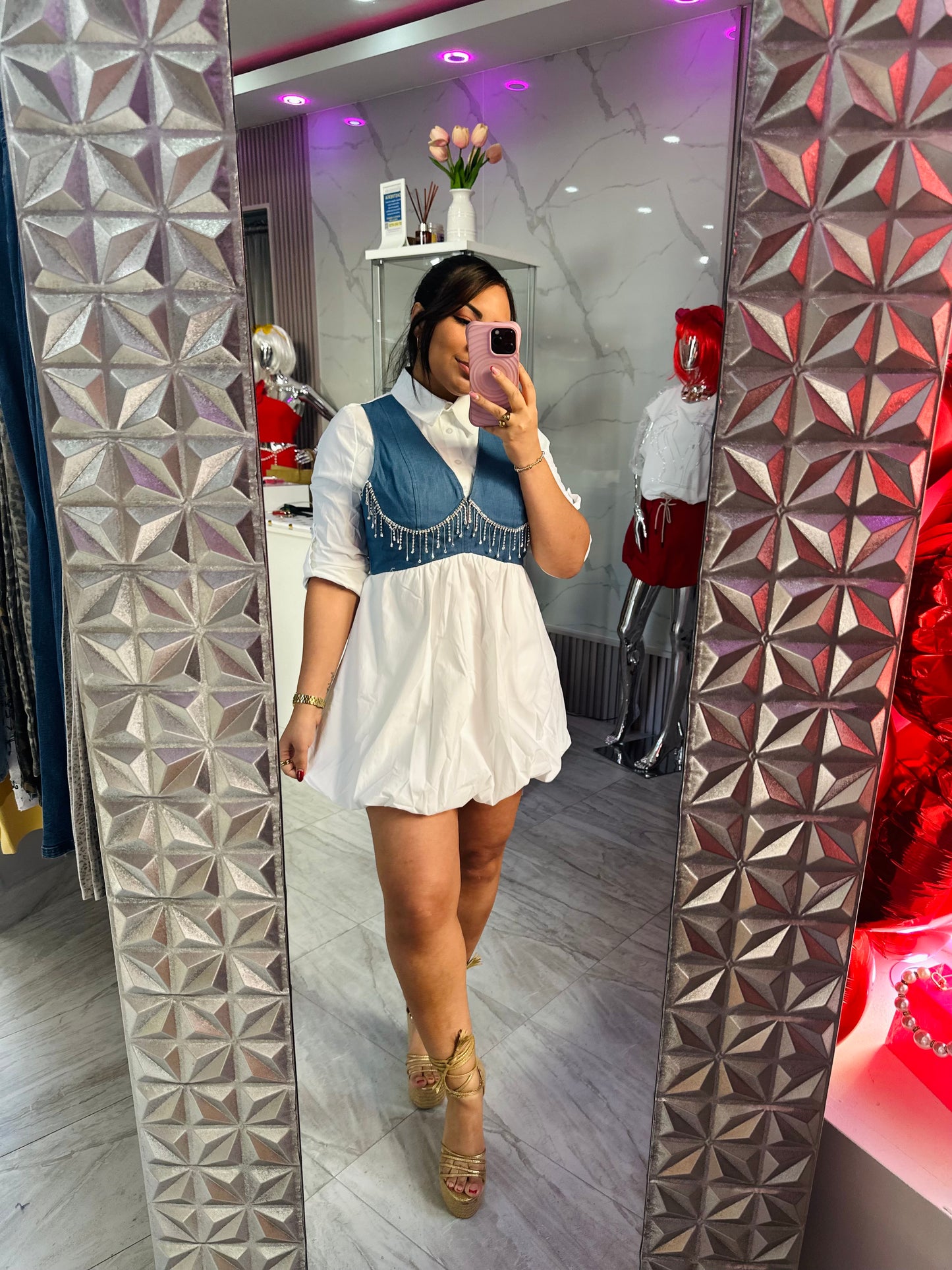 BUBBLE DENIM VEST DRESS