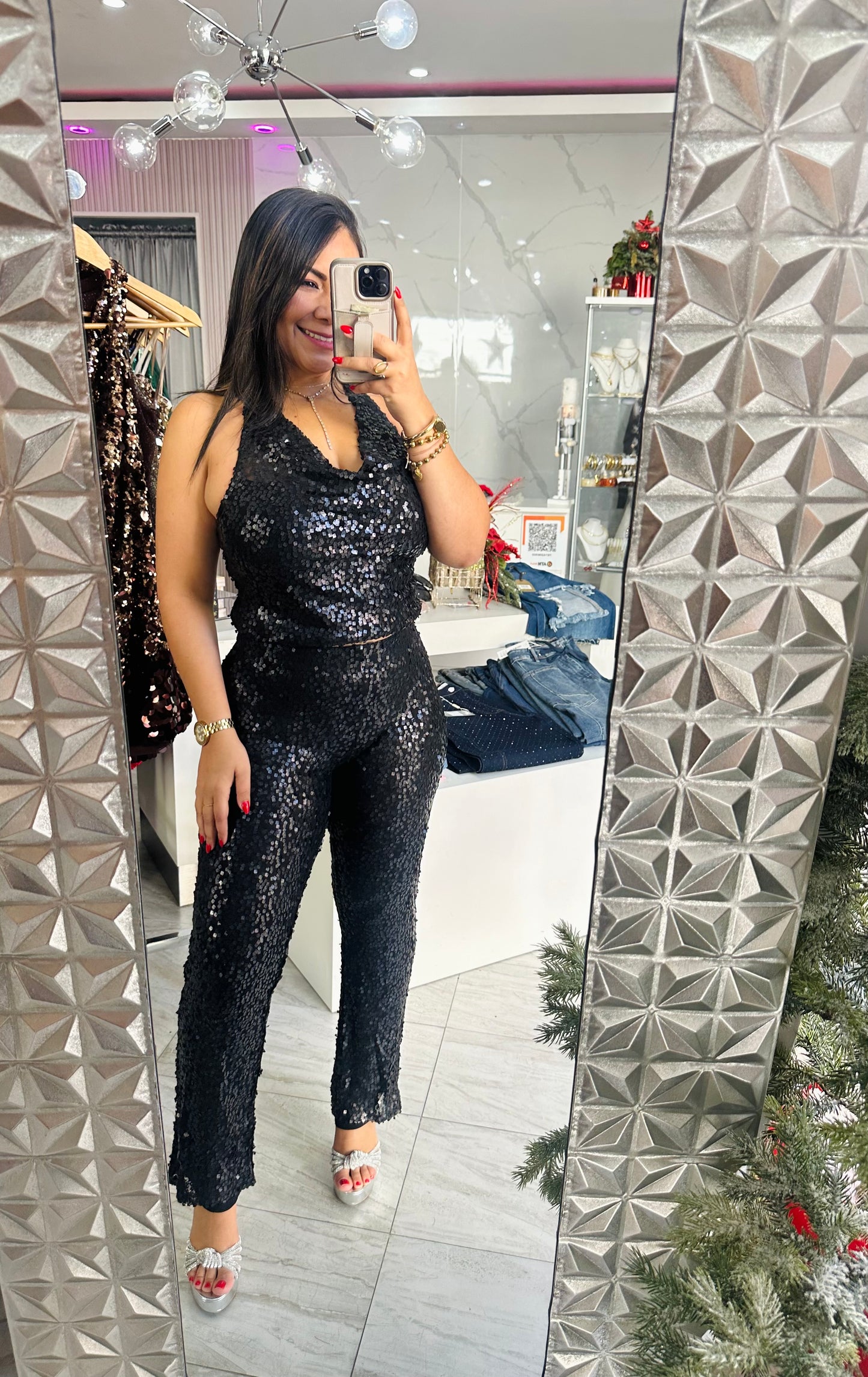 SEQUIN BLACK PANT SET