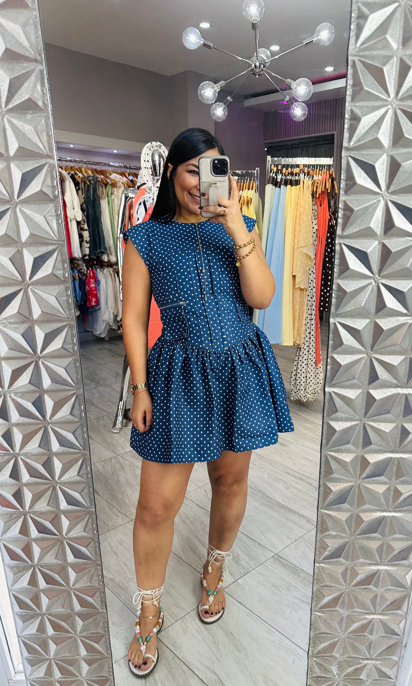 NAVY POLKA MINI DRESS