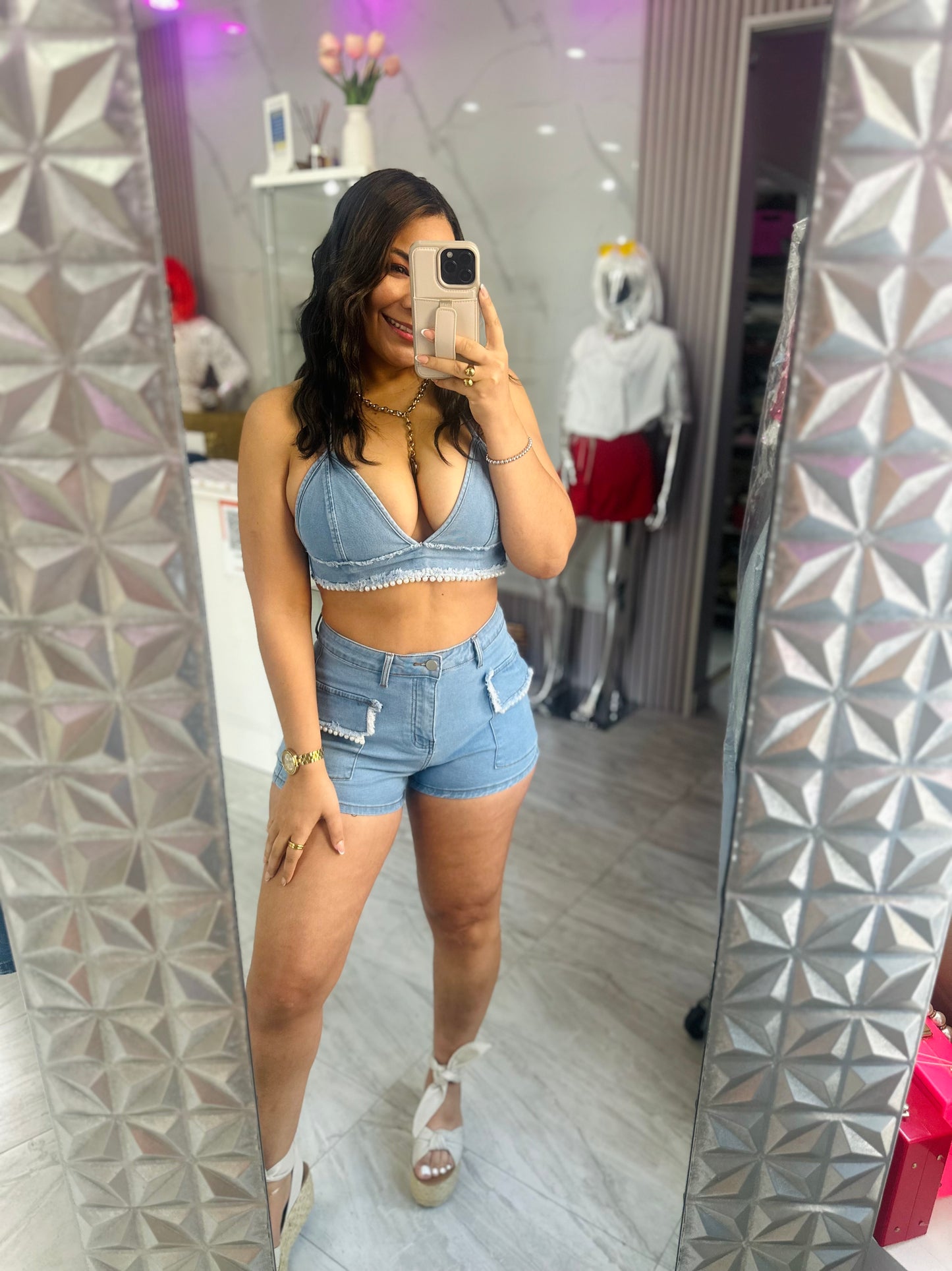 DENIM BRA AND SHORT SET
