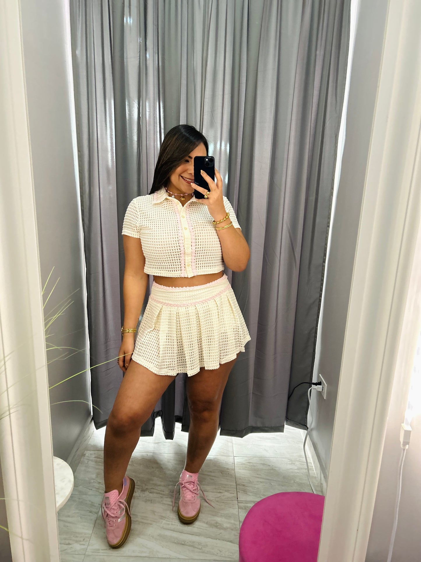 CREAM PINK CROCHET SKORT SET