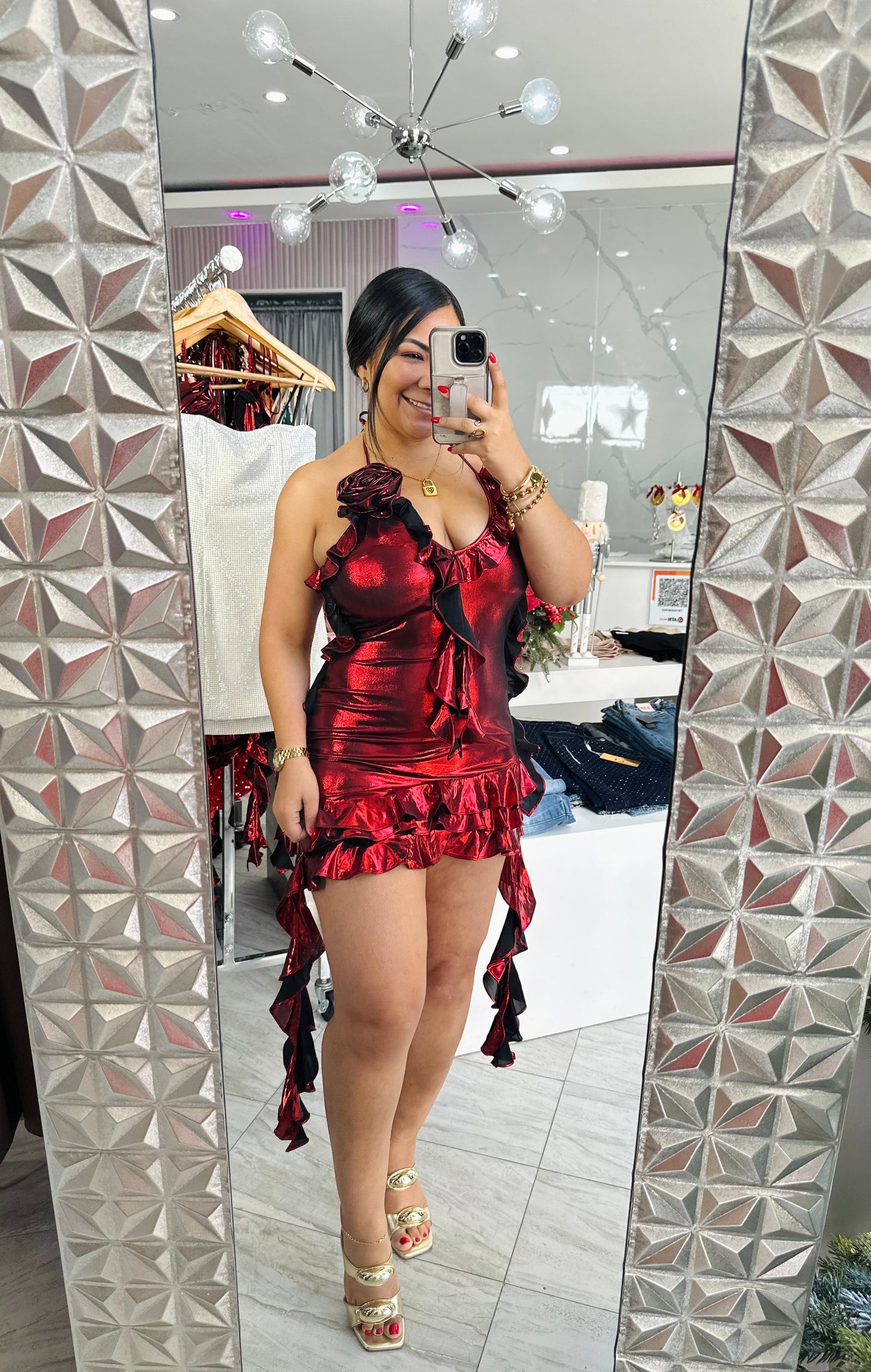 RED METALLIC RUFFLE MINI DRESS