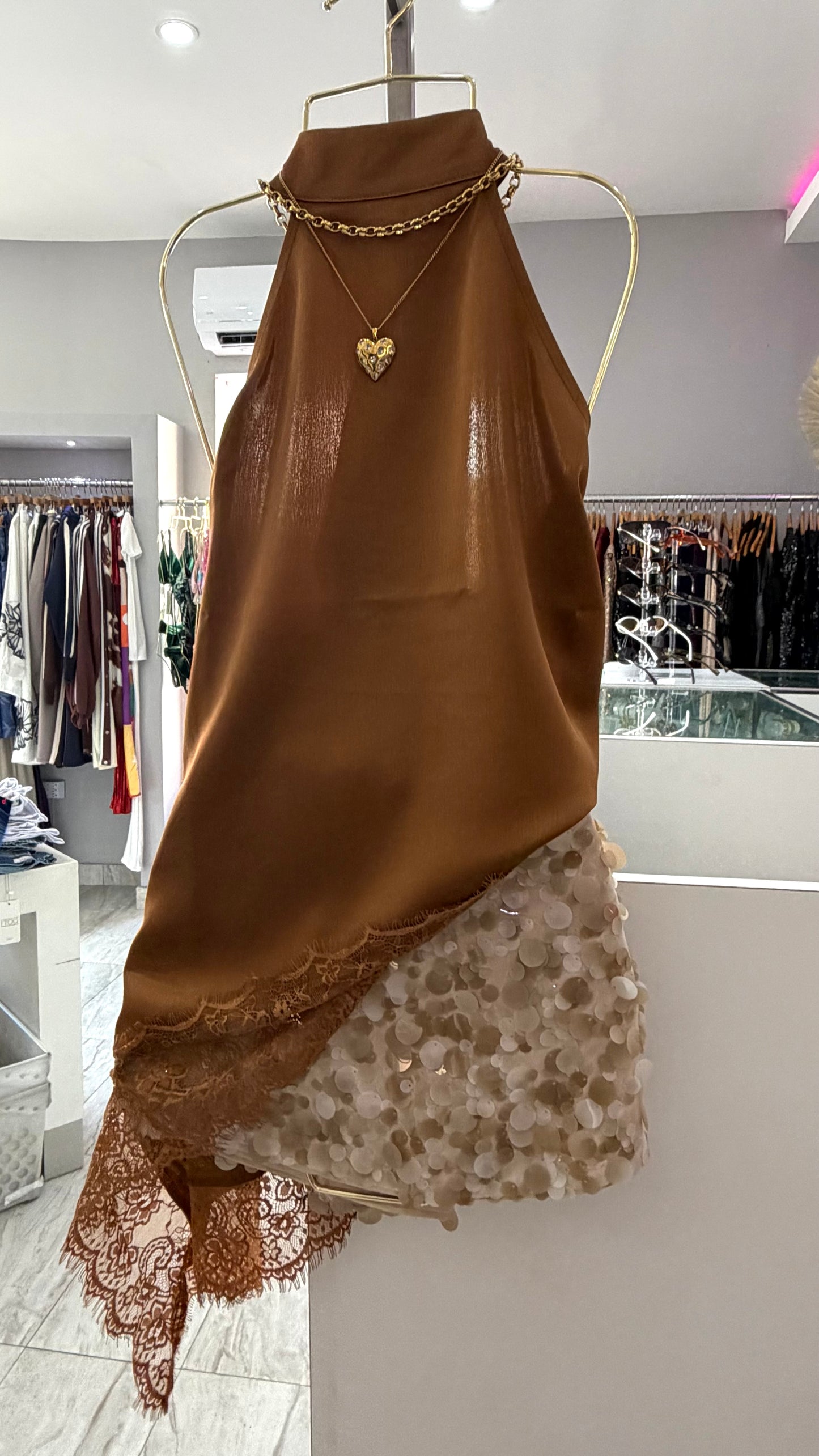 CHOCOLATE LACE SATIN TOP