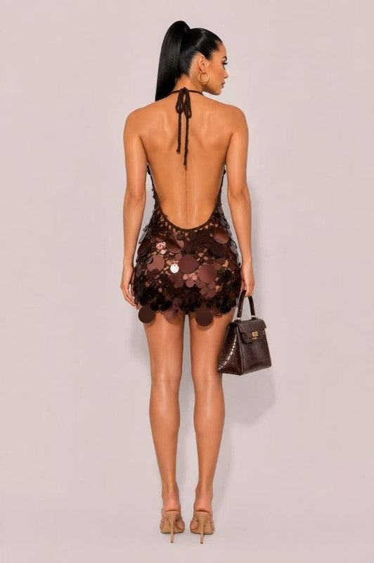 CROCHET CHOCOLATE SEQUIN MINI DRESS