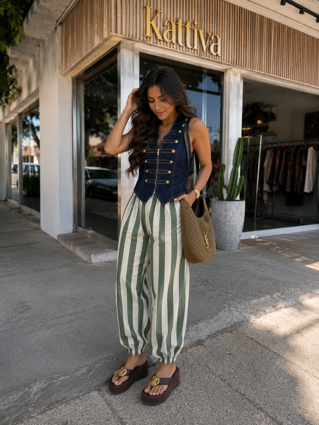 OLIVE/CREAM SATIN STRIPED PANT