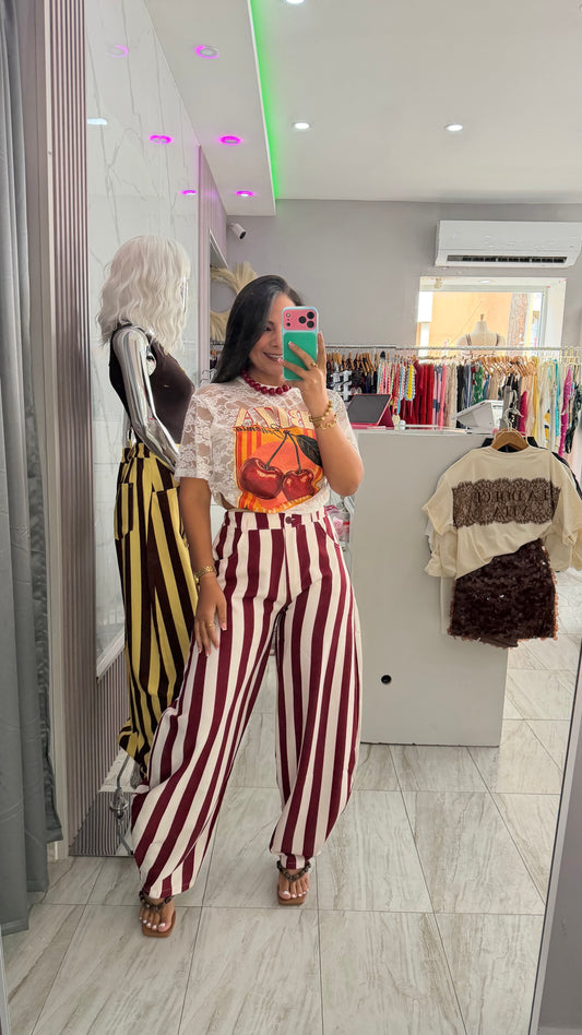 BURGUNDY AND WHITE BARREL PANT