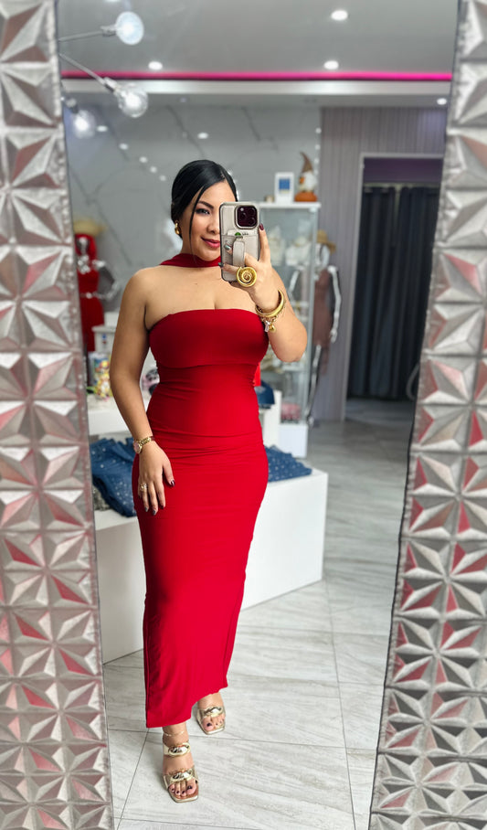 NECK RED DRESS