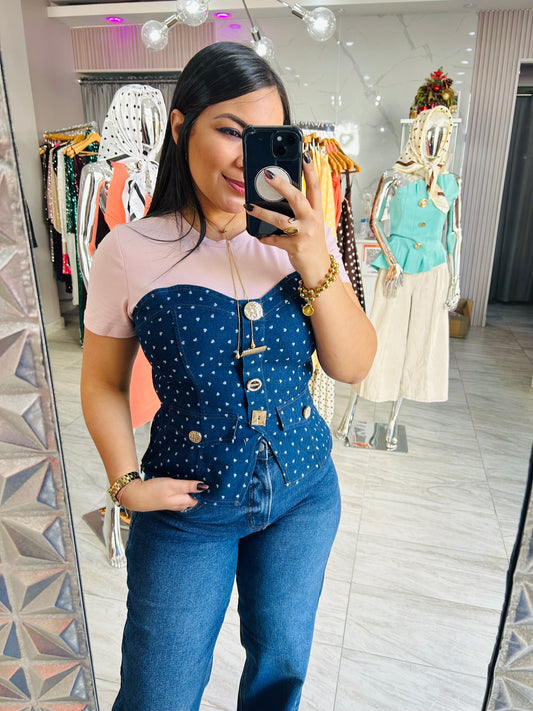 PINK SHIRT WITH DENIM VEST