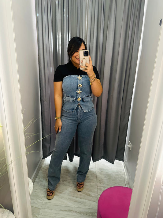 DENIM AND BLACK SHIRT