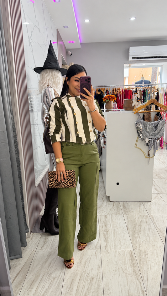 STRIPED OLIVE NAPOLEON DENIM JACKET