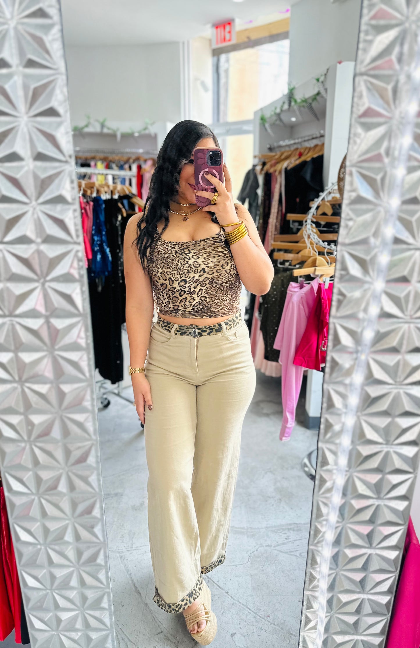 TAUPE & LEOPARD DENIM PANTS