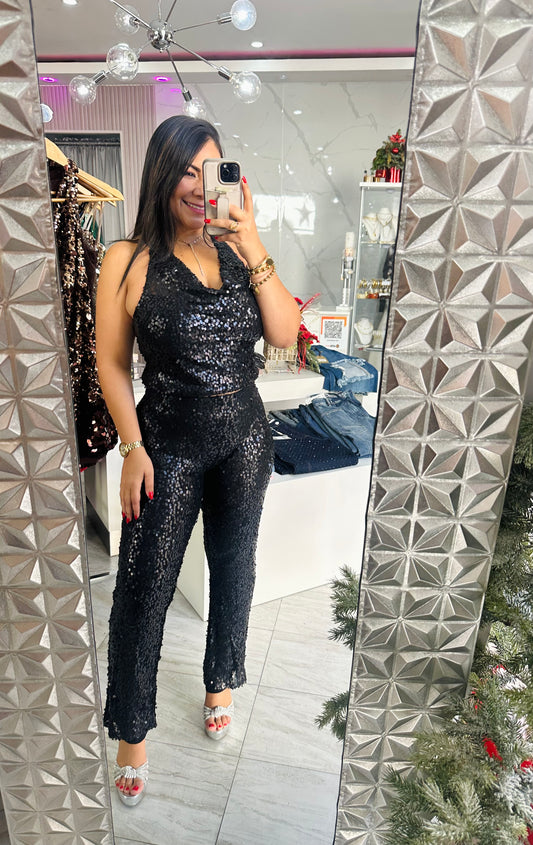 SEQUIN BLACK PANT SET