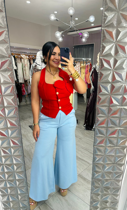 RED FLOWER DENIM TOP