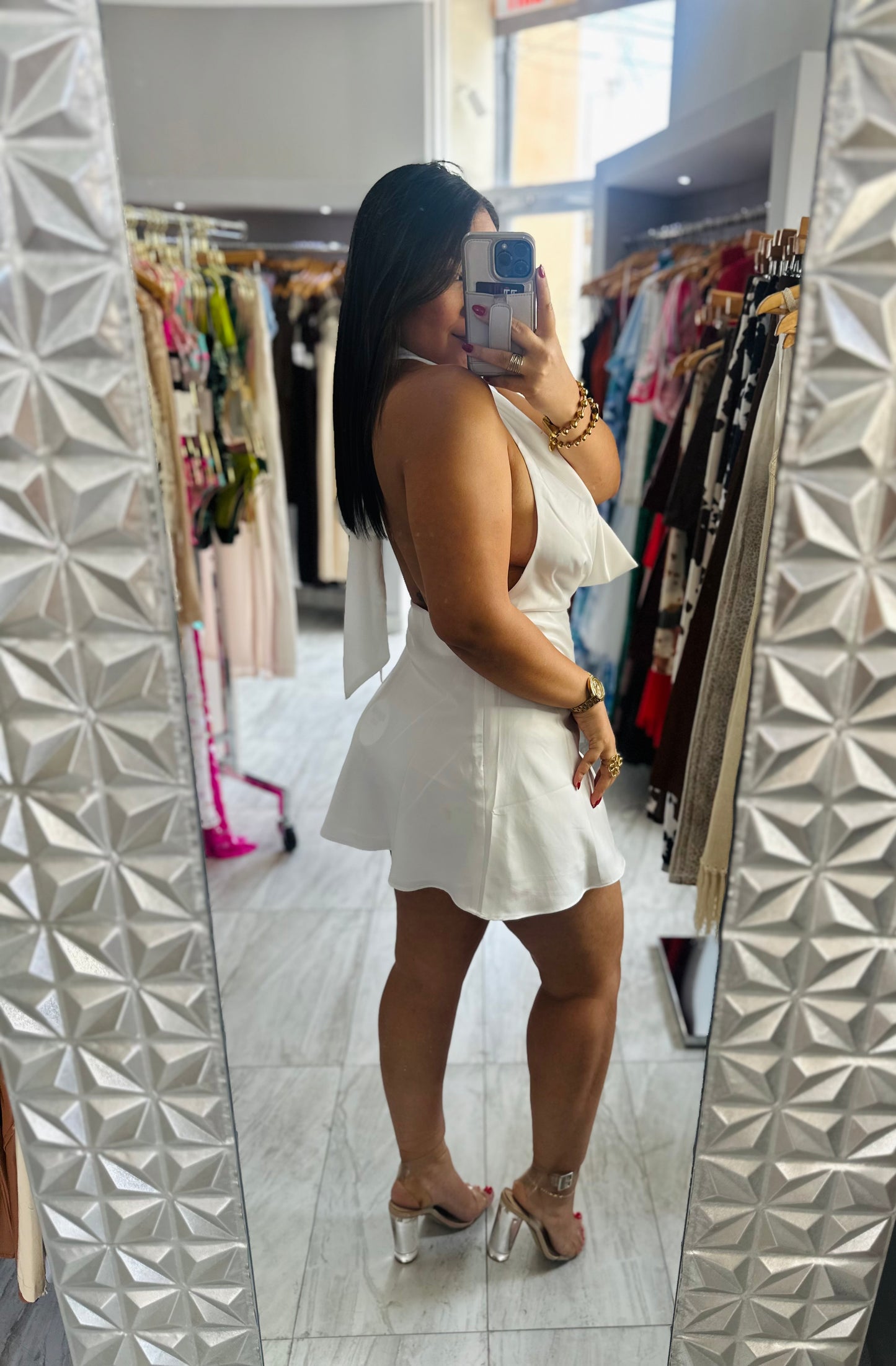 WHITE SATIN MINI DRESS