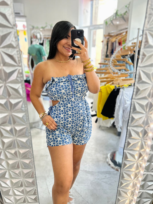 FLOWER DENIM ROMPER