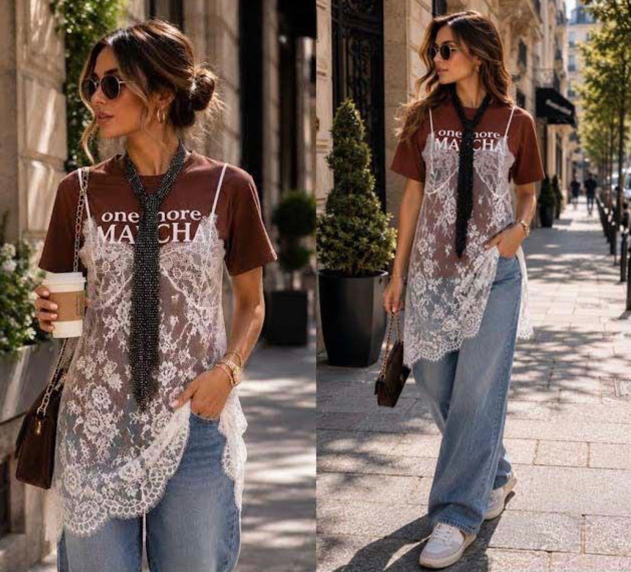 BROWN MATCHA TSHIRT DRESS WHIT LACE AND TIE (copia)