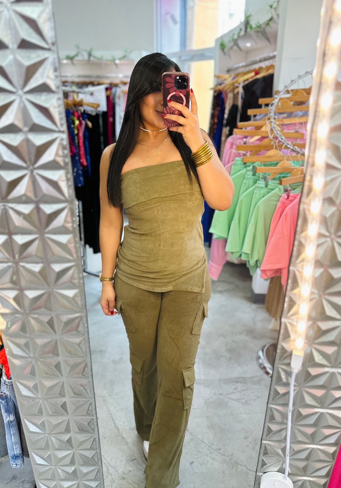 OLIVE VELVET CARGO SET