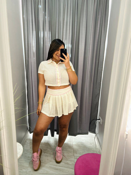 CREAM PINK CROCHET SKORT SET