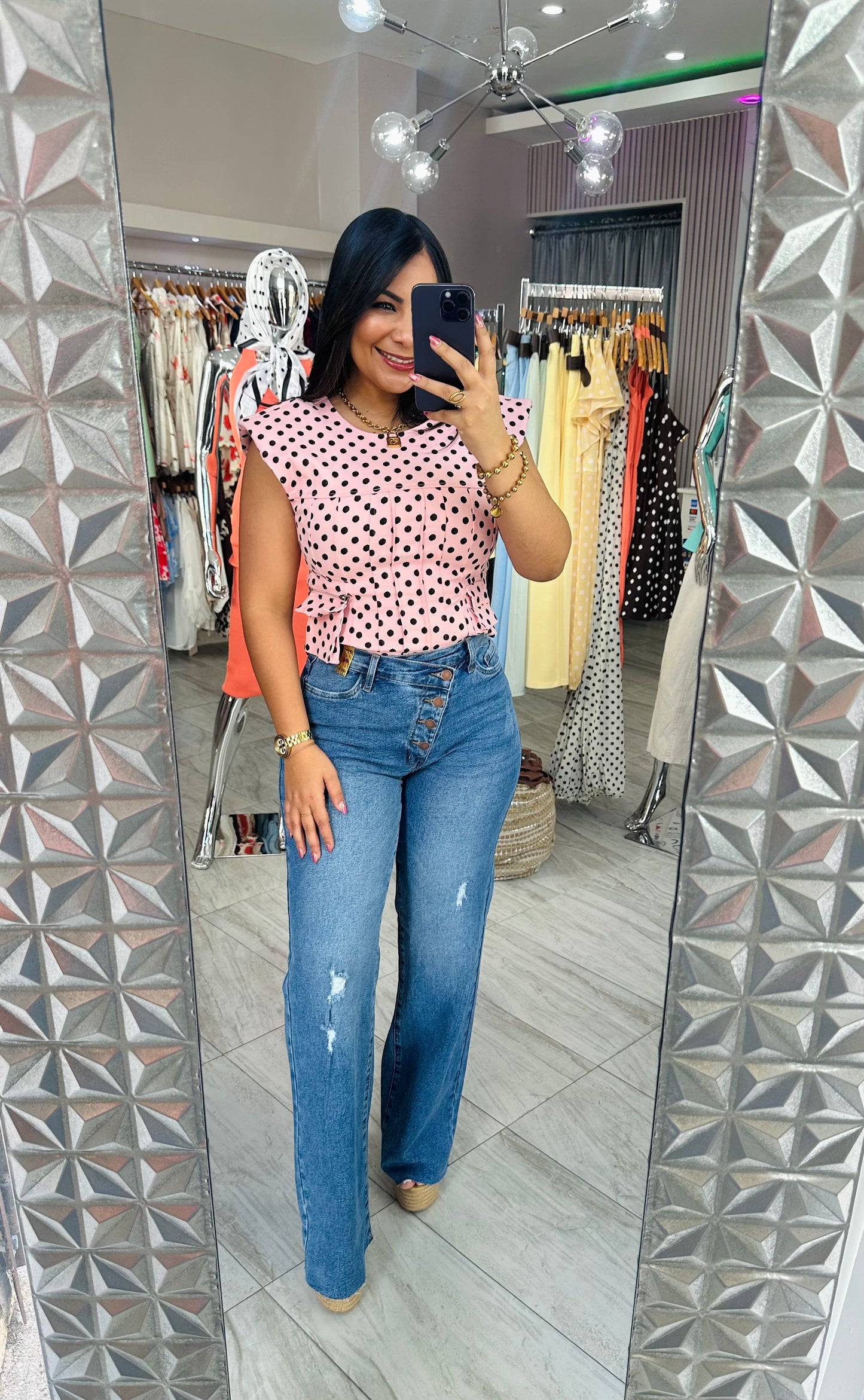 PINK AND BLACK POLKA TOP