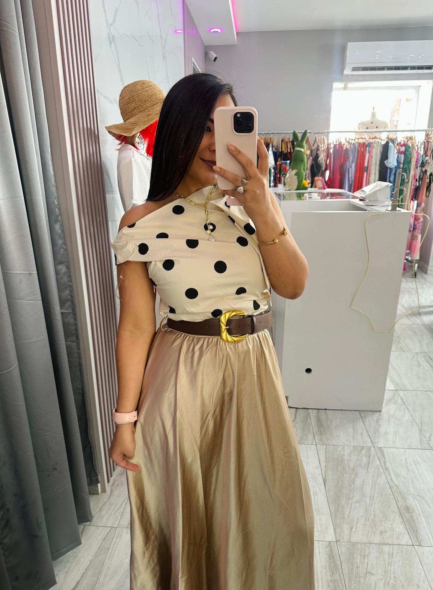 TAUPE AND BLK POLKA DOT TOP