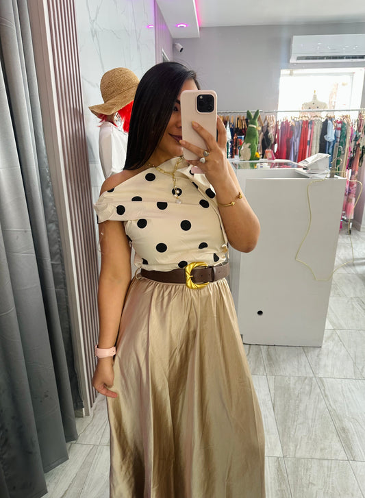 TAUPE AND BLK POLKA DOT TOP