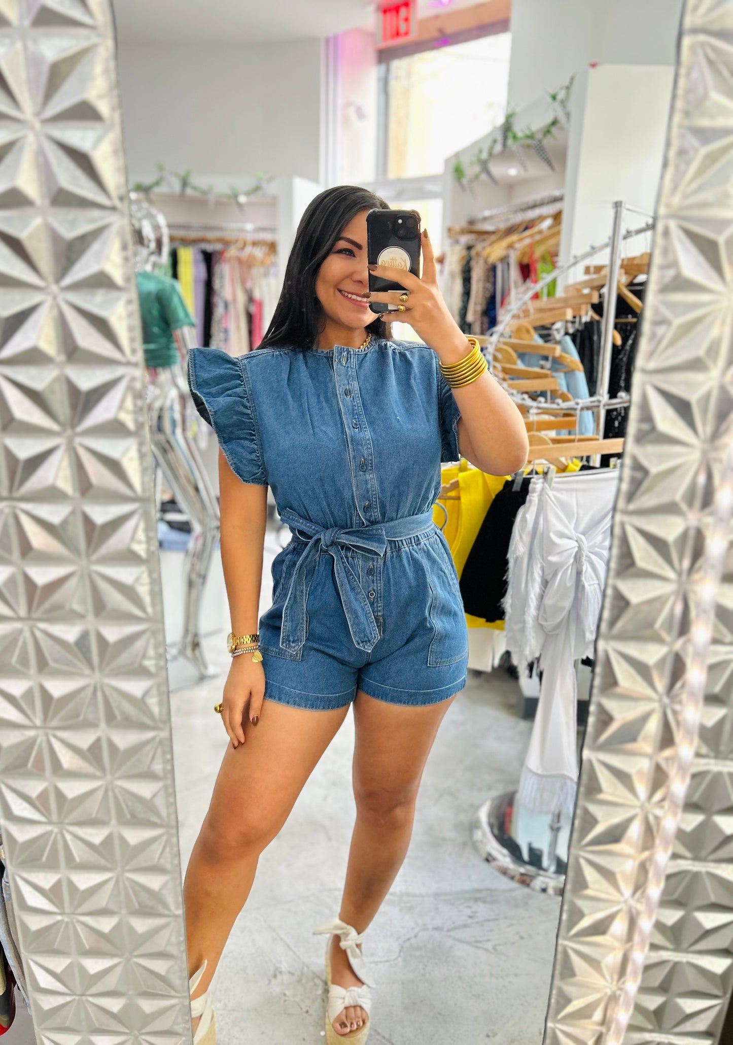 RUFFLE DENIM ROMPER