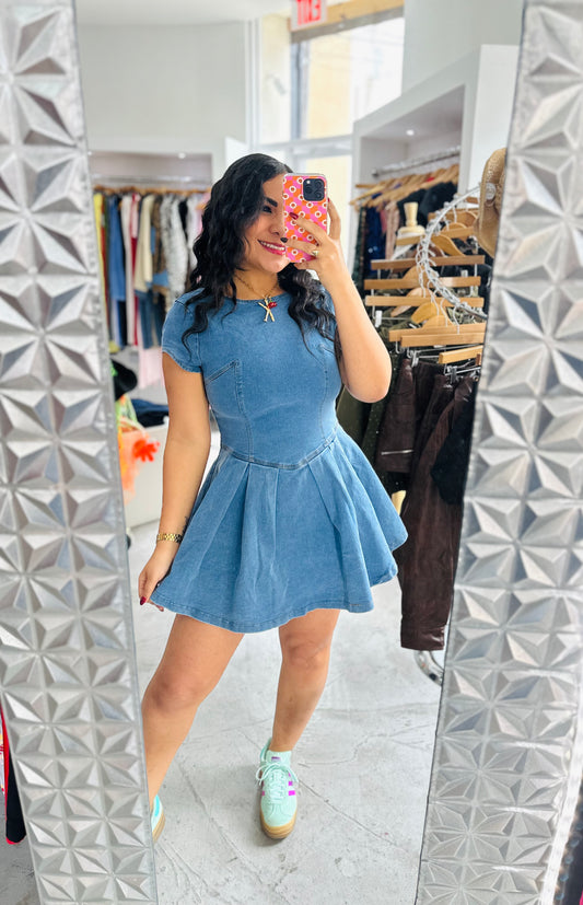 BOW DENIM MINI DRESS