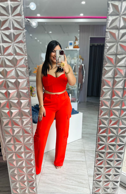 RED CARGO PANT SET