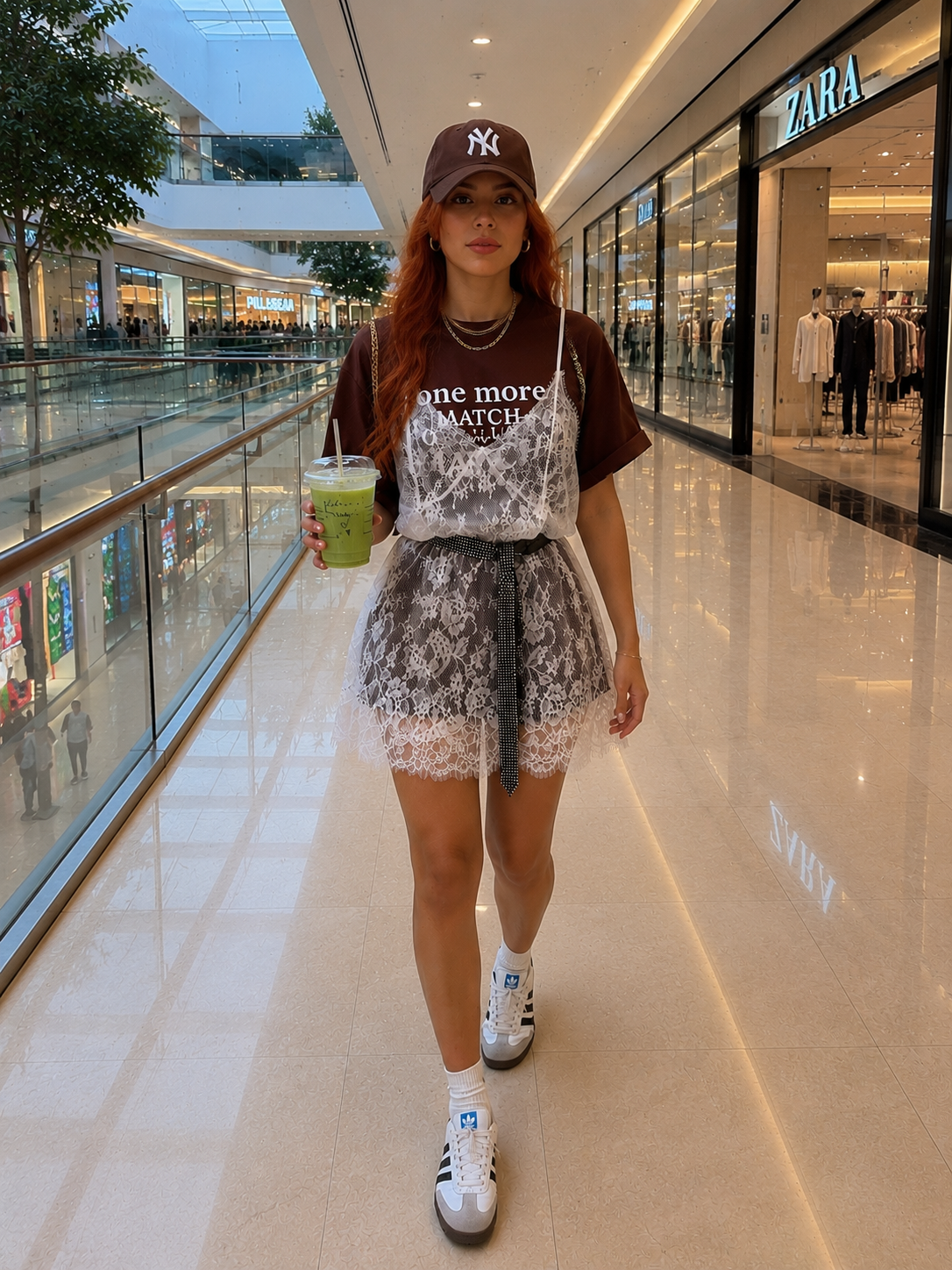 BROWN MATCHA TSHIRT DRESS LACE AND TIE