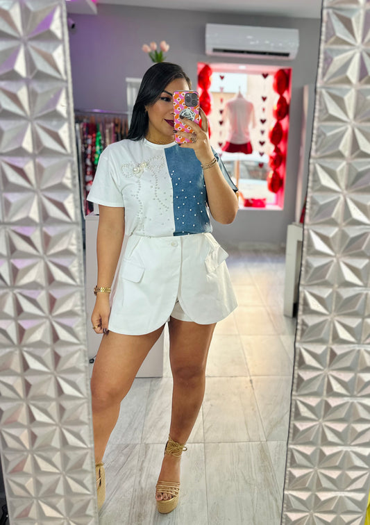Pearls + Denim Shirt
